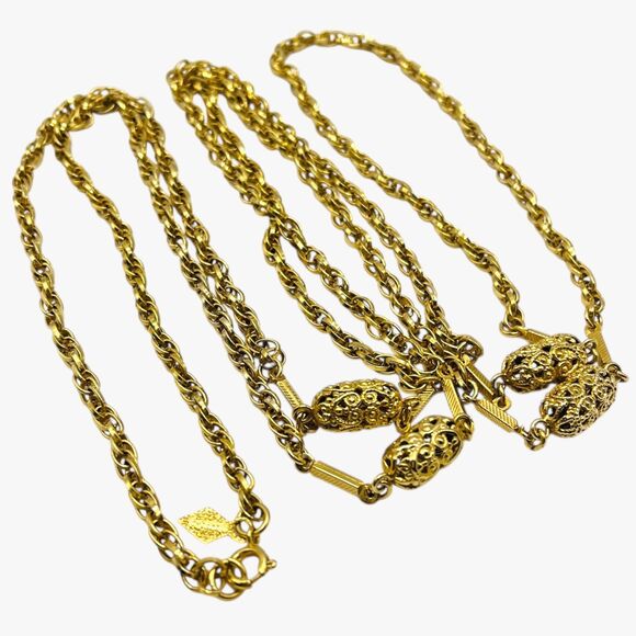 Vintage Sarah Coventry Necklace Gold Tone Long Single Strand Chain Filigree Ball - Picture 8 of 8